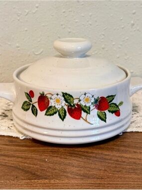 White Ceramic Covered Casserole with Red Strawberry Motif